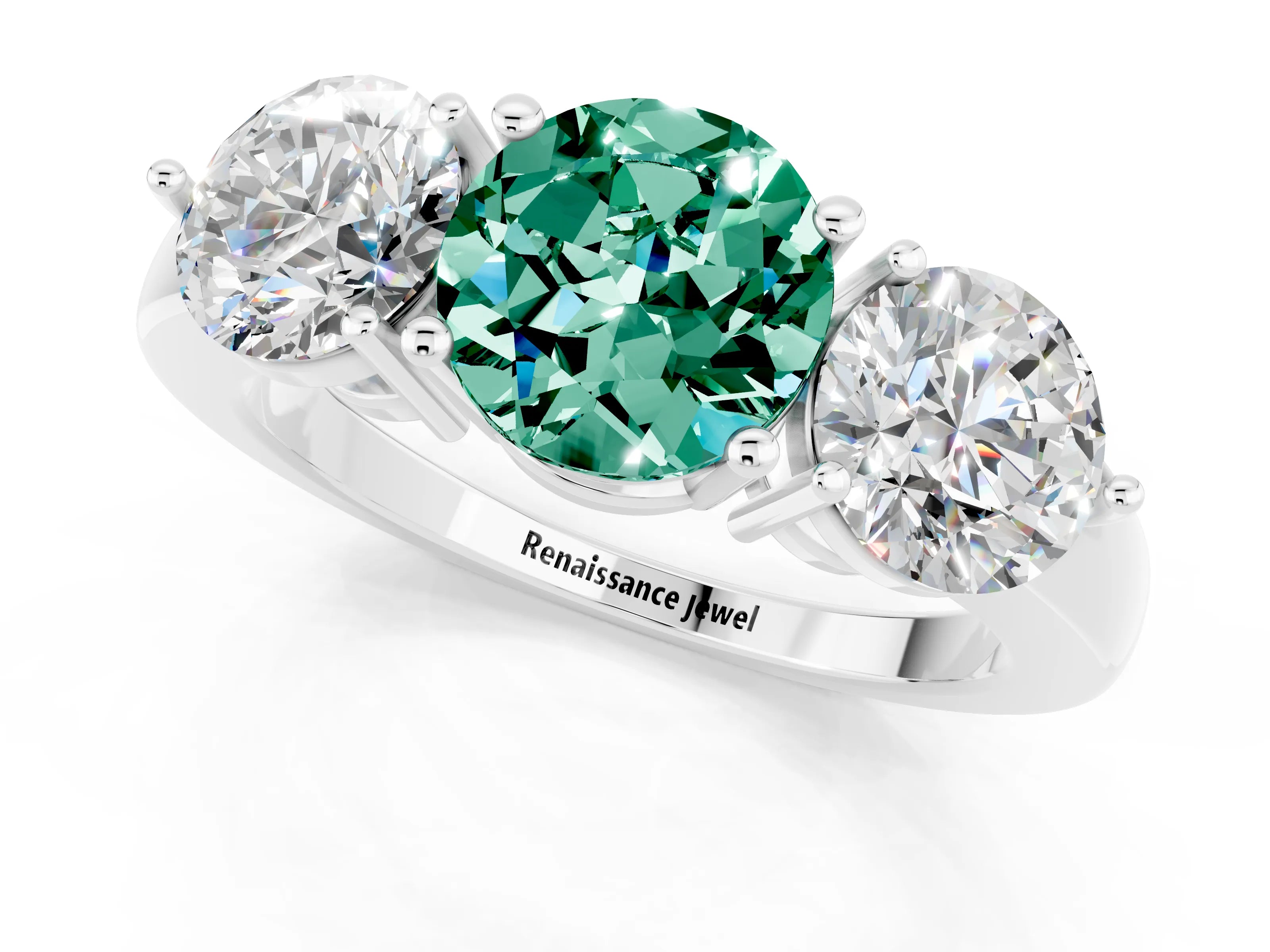 White gold Round Cut Green Sapphire Three-Stone Ring with Prong Setting and Classic Band_1