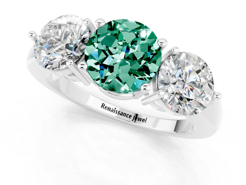 White gold Round Cut Green Sapphire Three-Stone Ring with Prong Setting and Classic Band_1