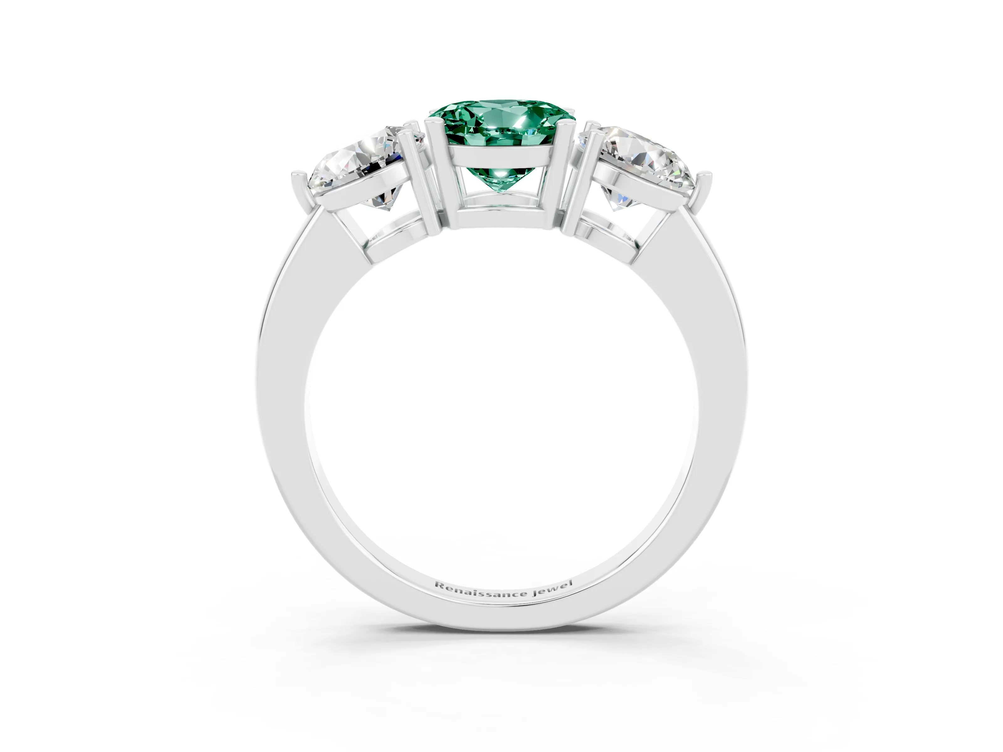 White gold Round Cut Green Sapphire Three-Stone Ring with Prong Setting and Classic Band_3