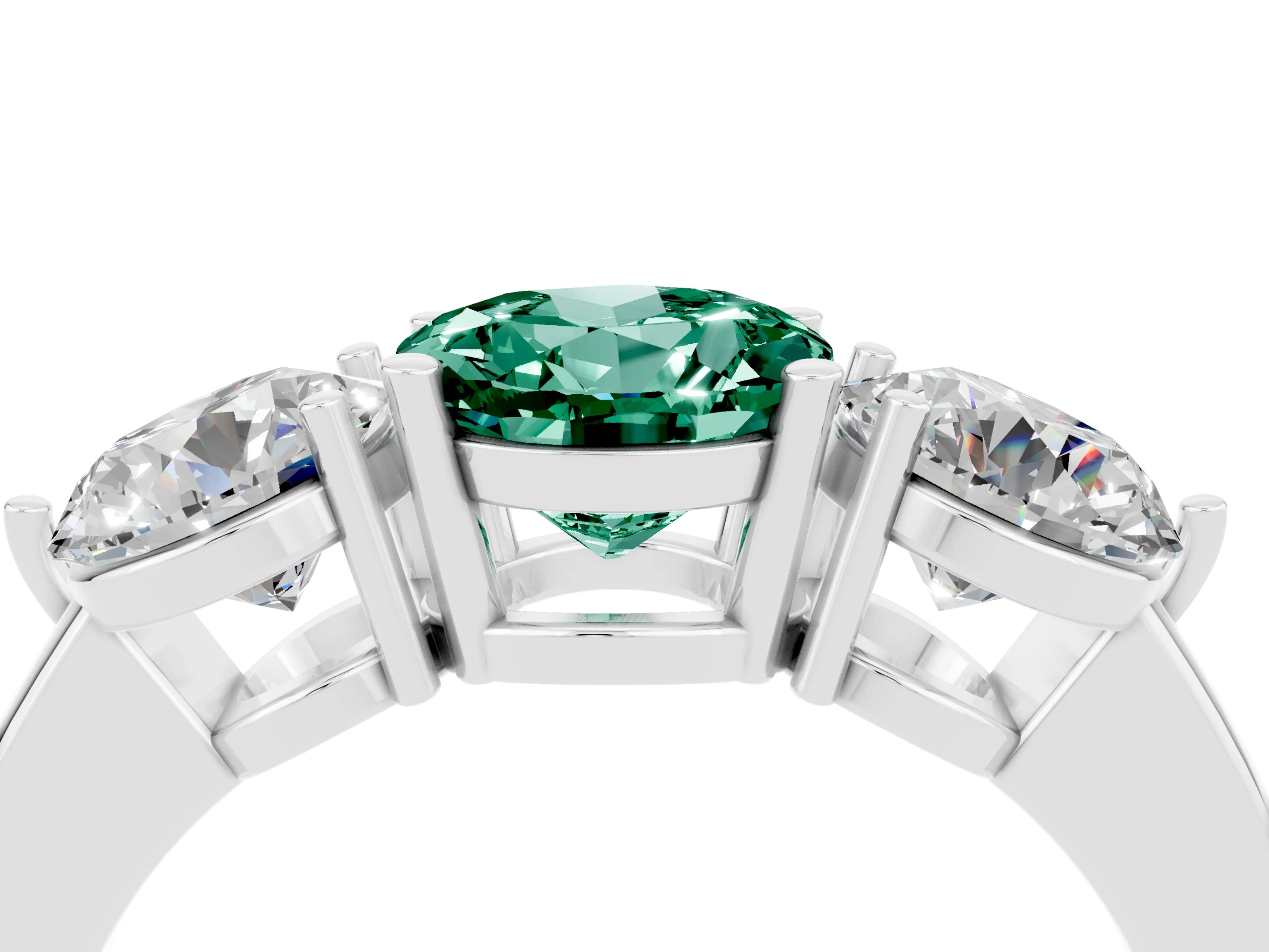 White gold Round Cut Green Sapphire Three-Stone Ring with Prong Setting and Classic Band_4