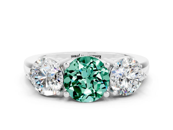 White gold Round Cut Green Sapphire Three-Stone Ring with Prong Setting and Classic Band