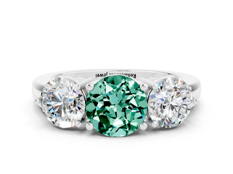 White gold Round Cut Green Sapphire Three-Stone Ring with Prong Setting and Classic Band