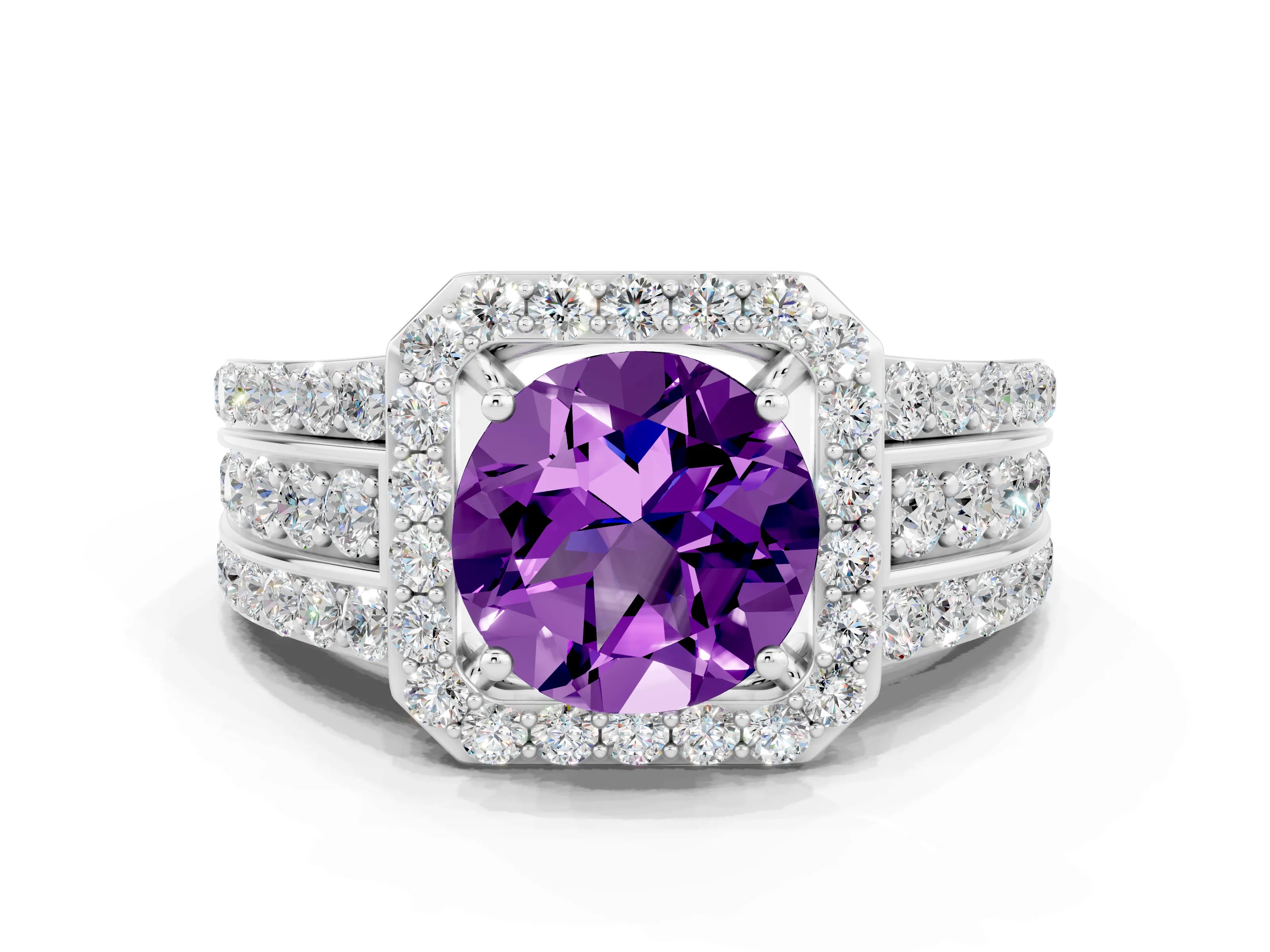 White gold Round Cut Halo Amethyst Ring with Round  Split Shank and Prong Setting_12