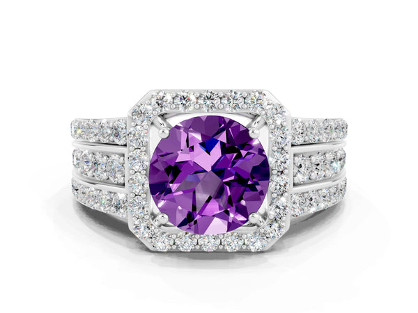Silver Round Cut Halo Amethyst Ring with Round  Split Shank and Prong Setting