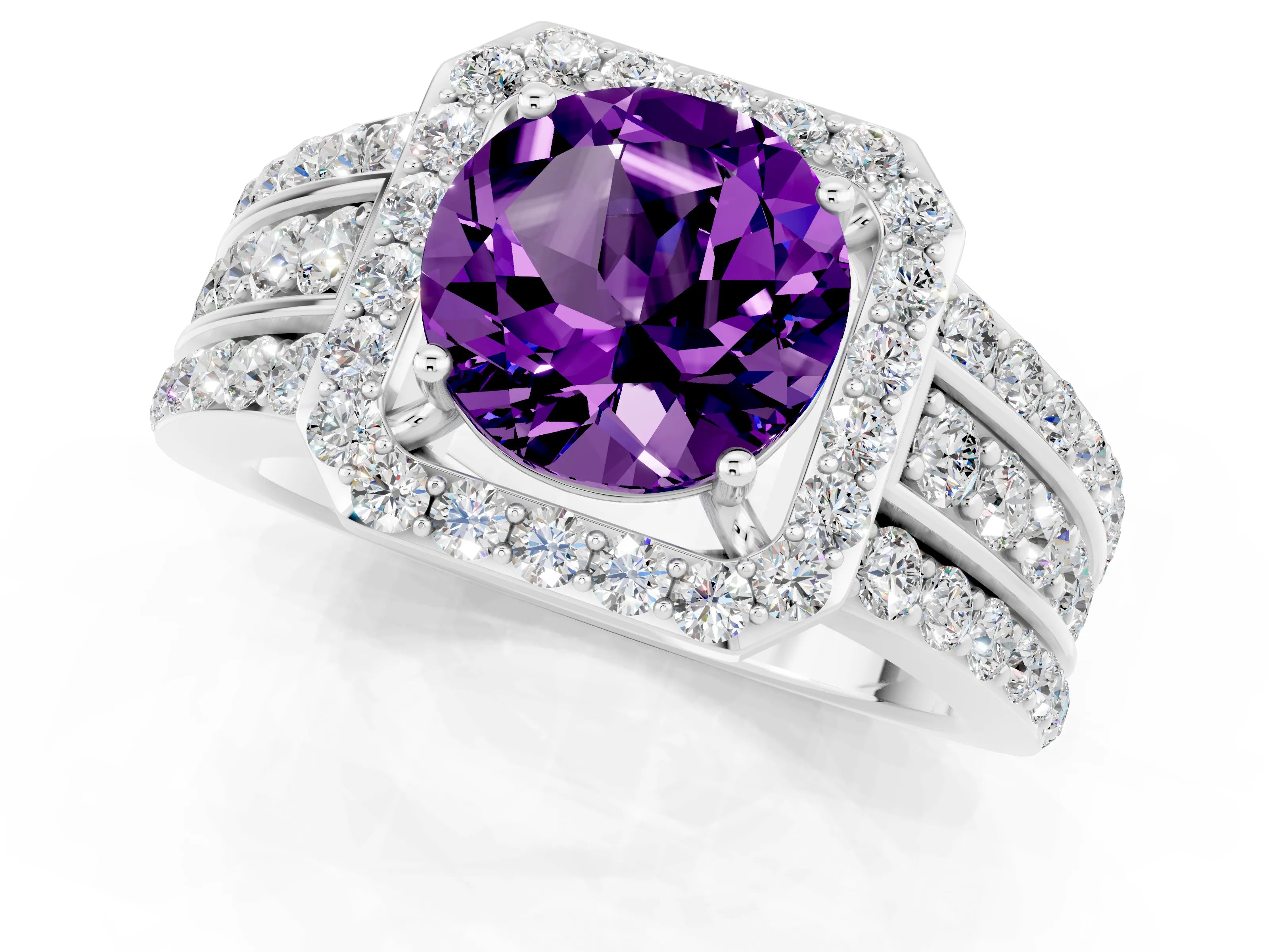 White gold Round Cut Halo Amethyst Ring with Round  Split Shank and Prong Setting_13