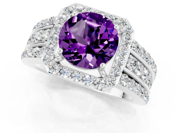 White gold Round Cut Halo Amethyst Ring with Round  Split Shank and Prong Setting