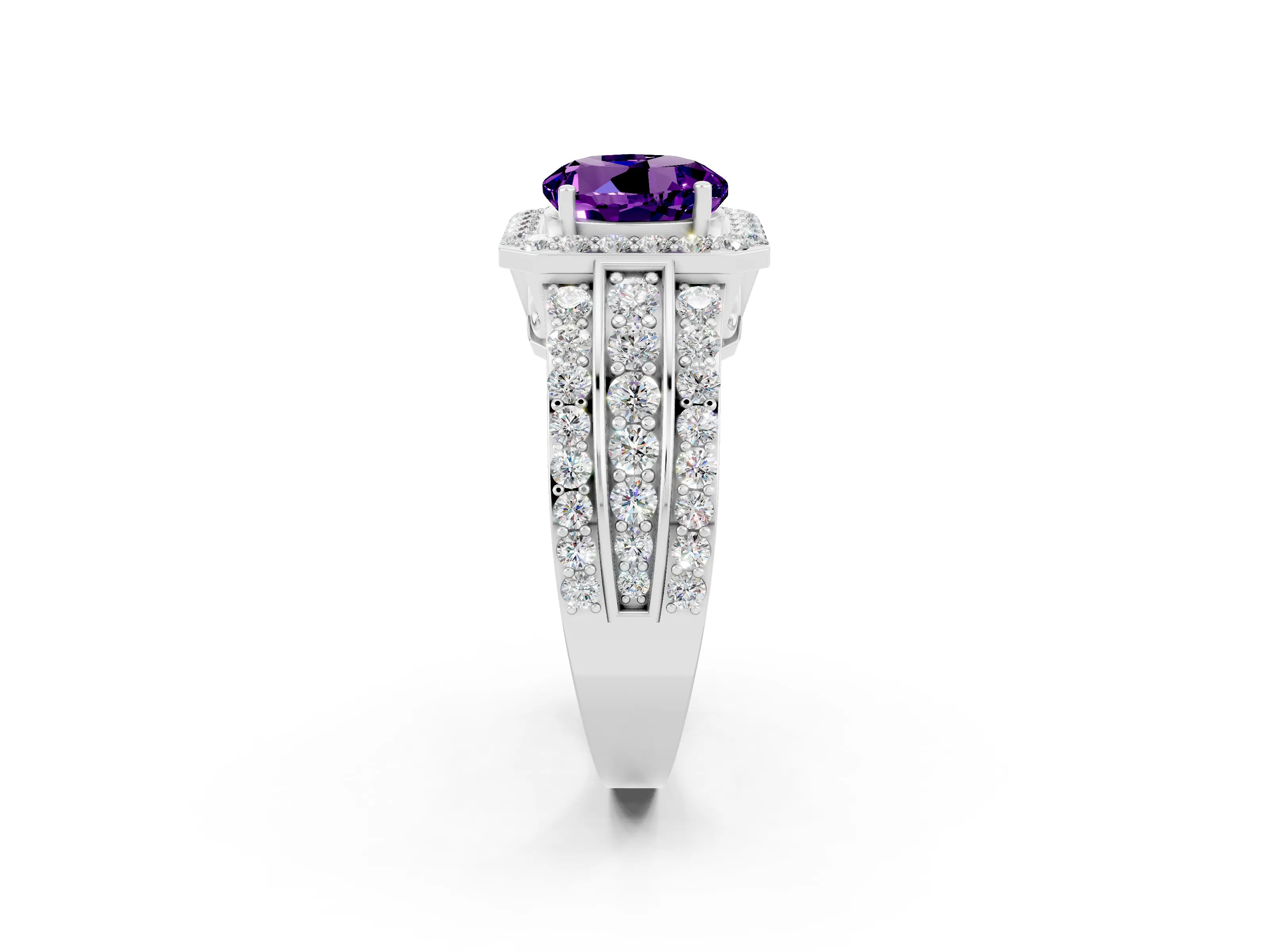 White gold Round Cut Halo Amethyst Ring with Round  Split Shank and Prong Setting_14