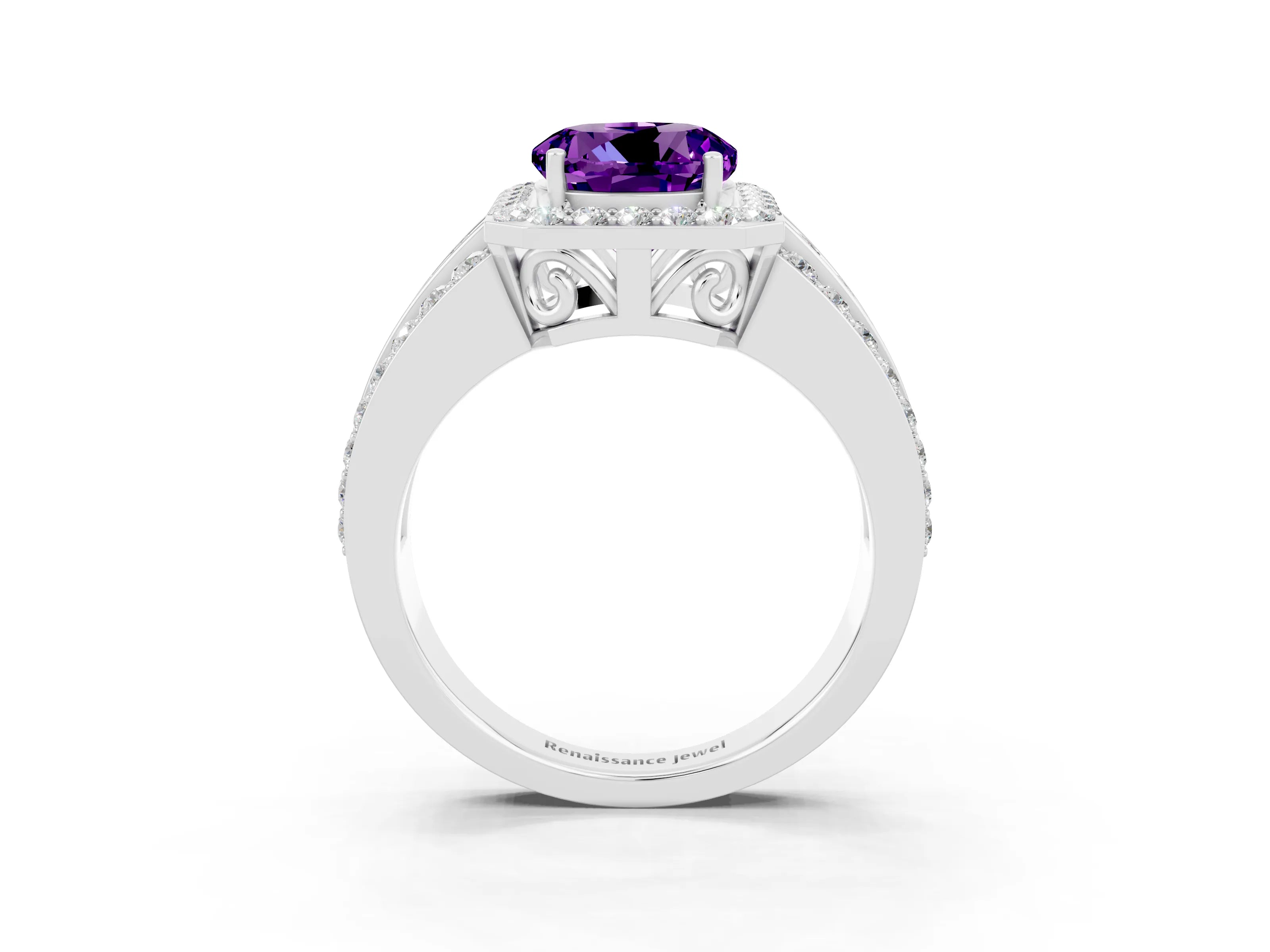 White gold Round Cut Halo Amethyst Ring with Round  Split Shank and Prong Setting_15