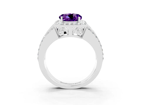 White gold Round Cut Halo Amethyst Ring with Round  Split Shank and Prong Setting_15