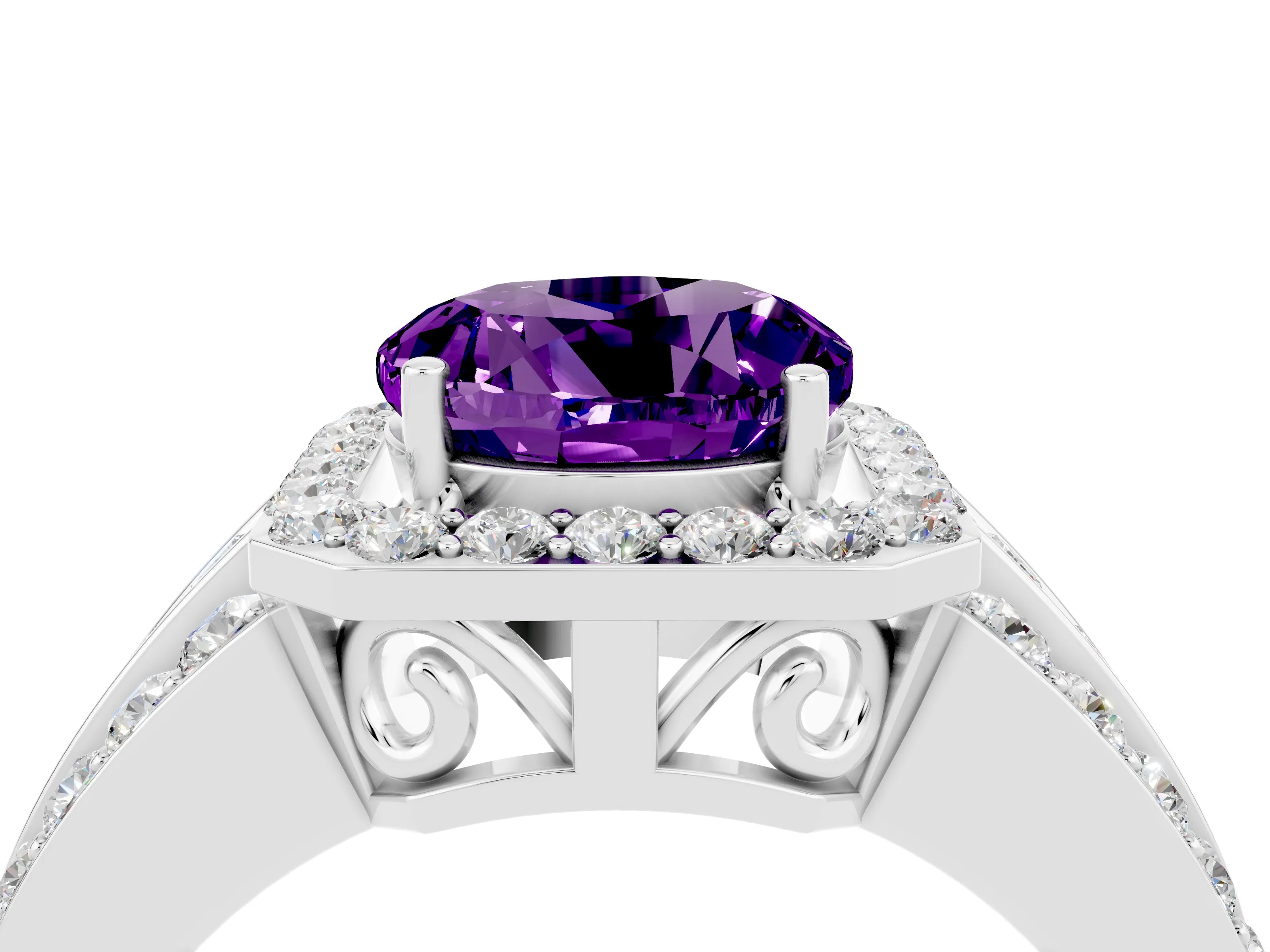 White gold Round Cut Halo Amethyst Ring with Round  Split Shank and Prong Setting_16