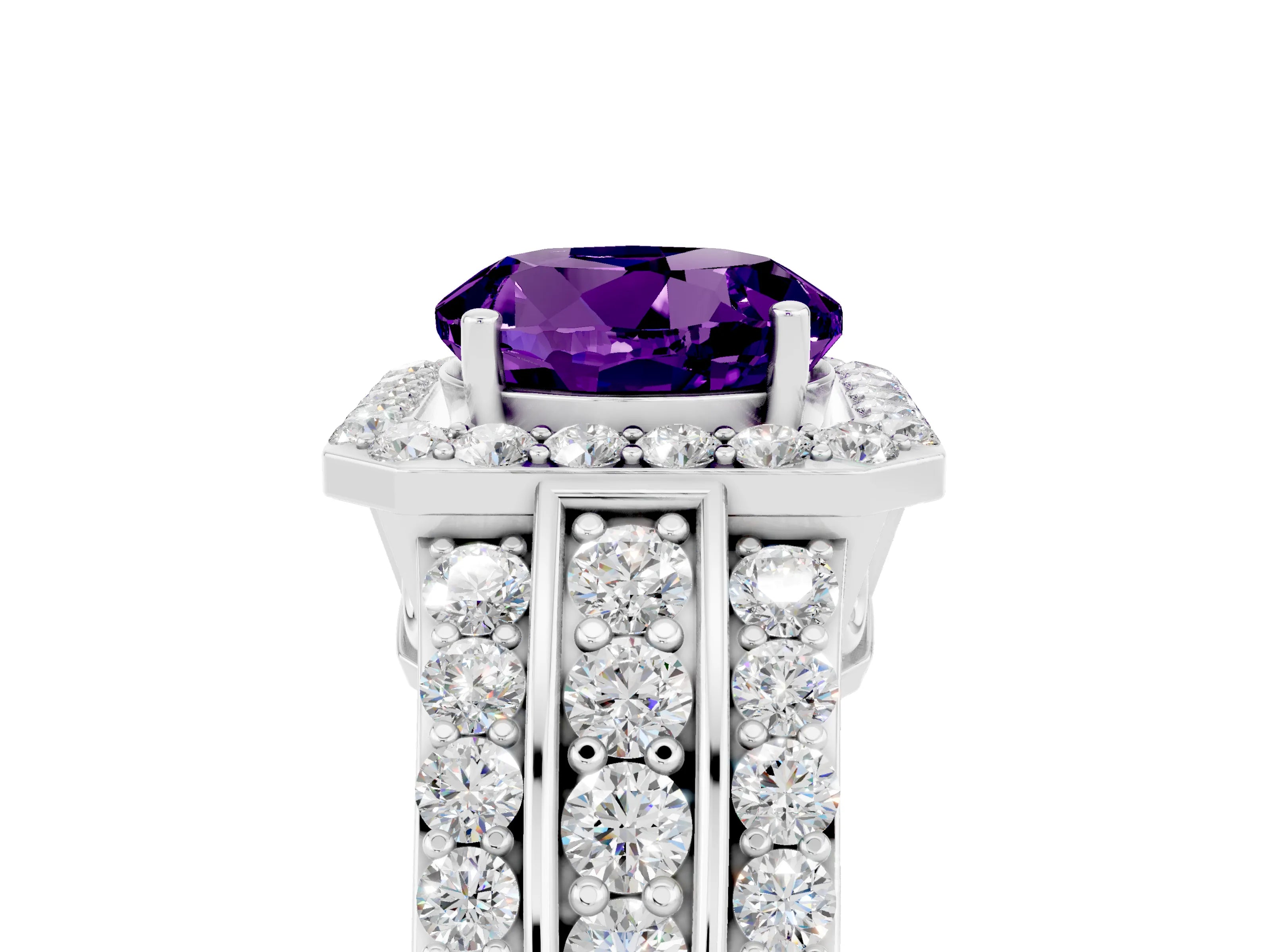 White gold Round Cut Halo Amethyst Ring with Round  Split Shank and Prong Setting_17
