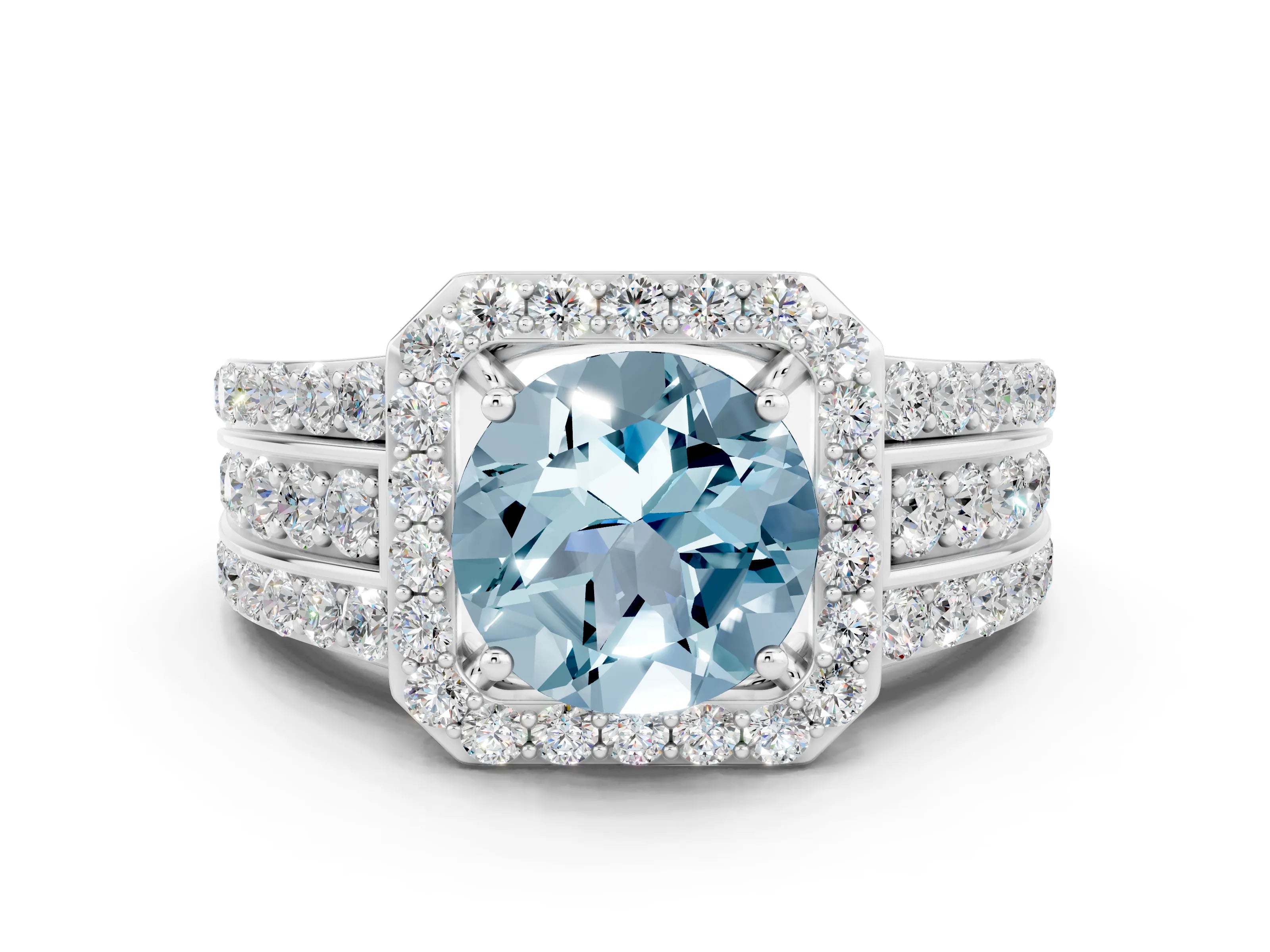 White gold Round Cut Halo Aquamarine Ring with Round  Split Shank and Prong Setting_12
