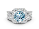 White gold Round Cut Halo Aquamarine Ring with Round  Split Shank and Prong Setting_12