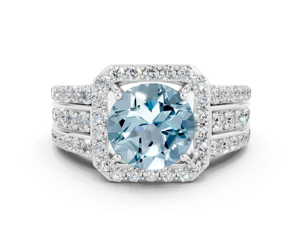 Platinum Round Cut Halo Aquamarine Ring with Round  Split Shank and Prong Setting