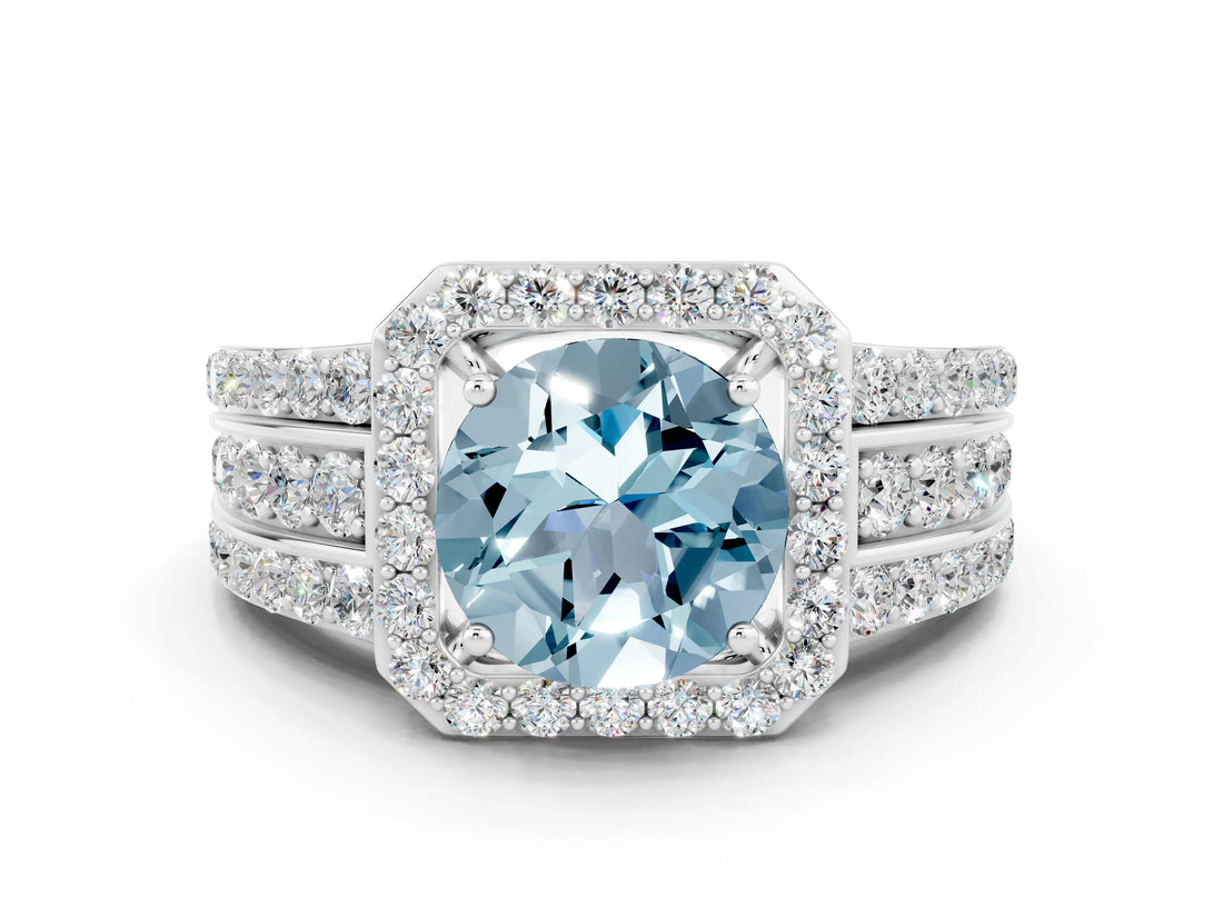White gold Round Cut Halo Aquamarine Ring with Round  Split Shank and Prong Setting_12