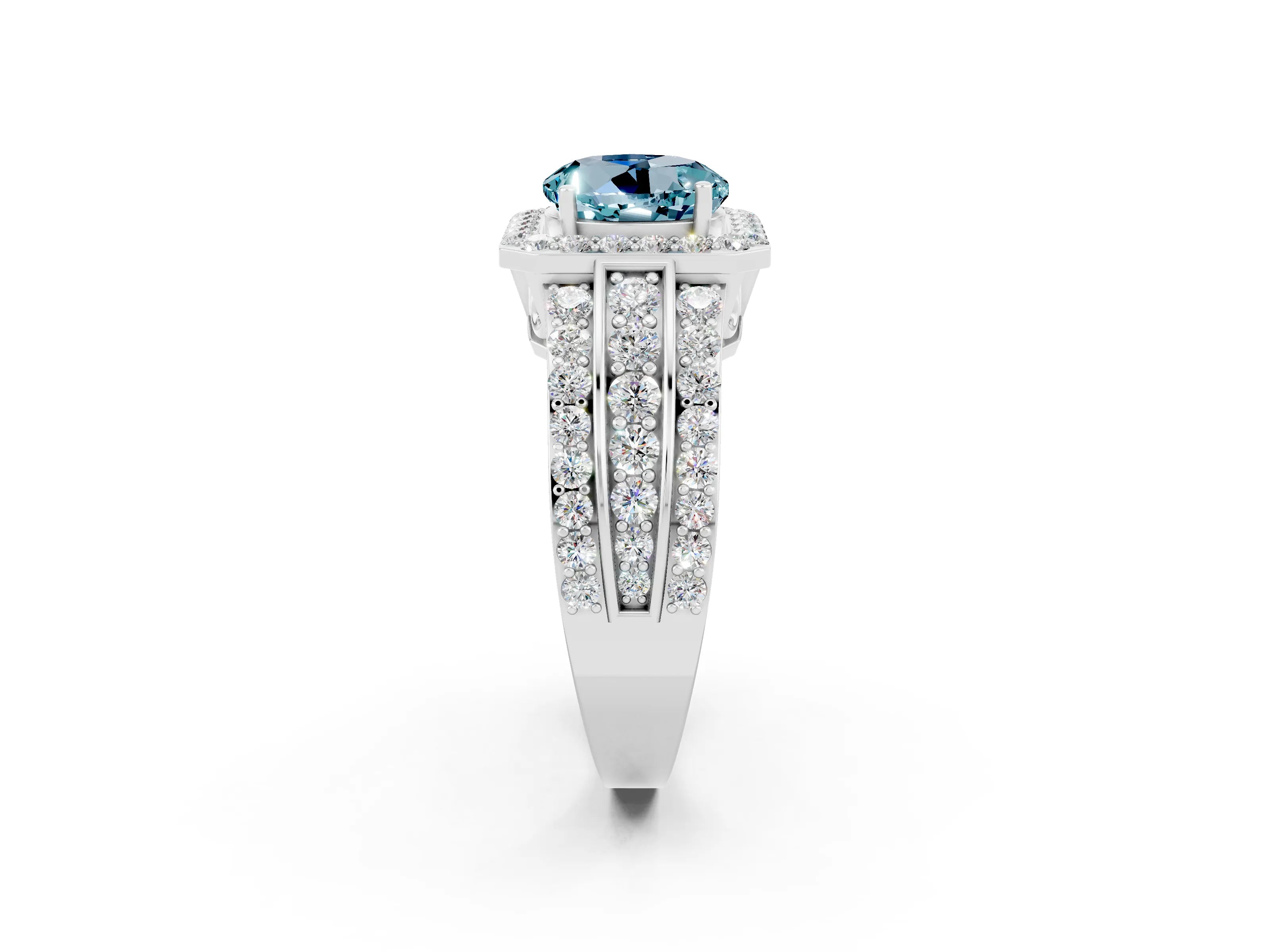White gold Round Cut Halo Aquamarine Ring with Round  Split Shank and Prong Setting_14