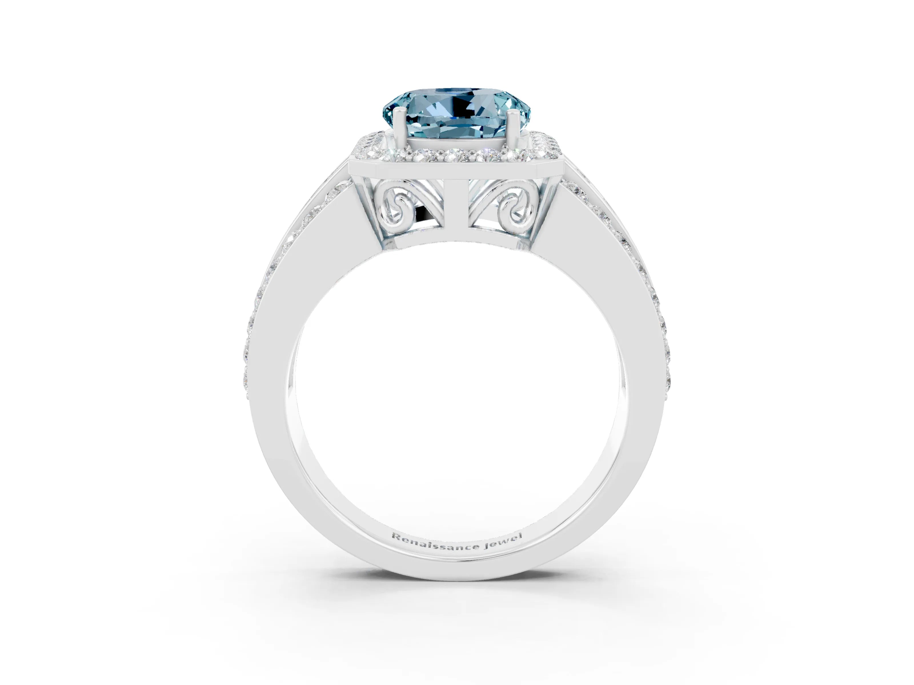 White gold Round Cut Halo Aquamarine Ring with Round  Split Shank and Prong Setting_15