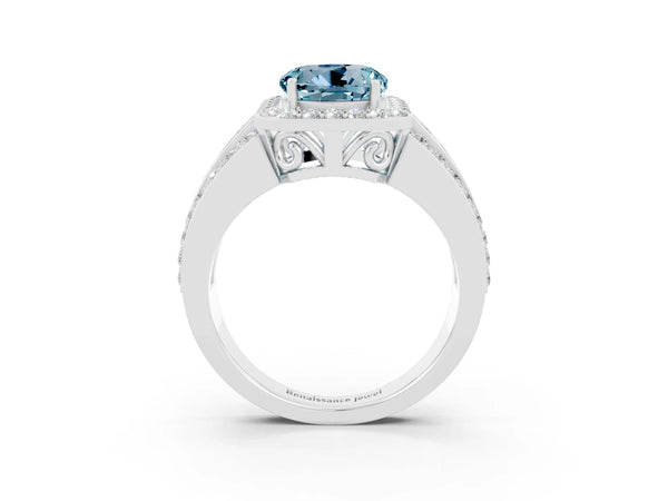 Platinum Round Cut Halo Aquamarine Ring with Round  Split Shank and Prong Setting