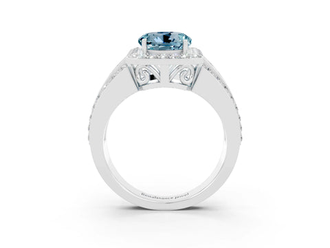 White gold Round Cut Halo Aquamarine Ring with Round  Split Shank and Prong Setting_15