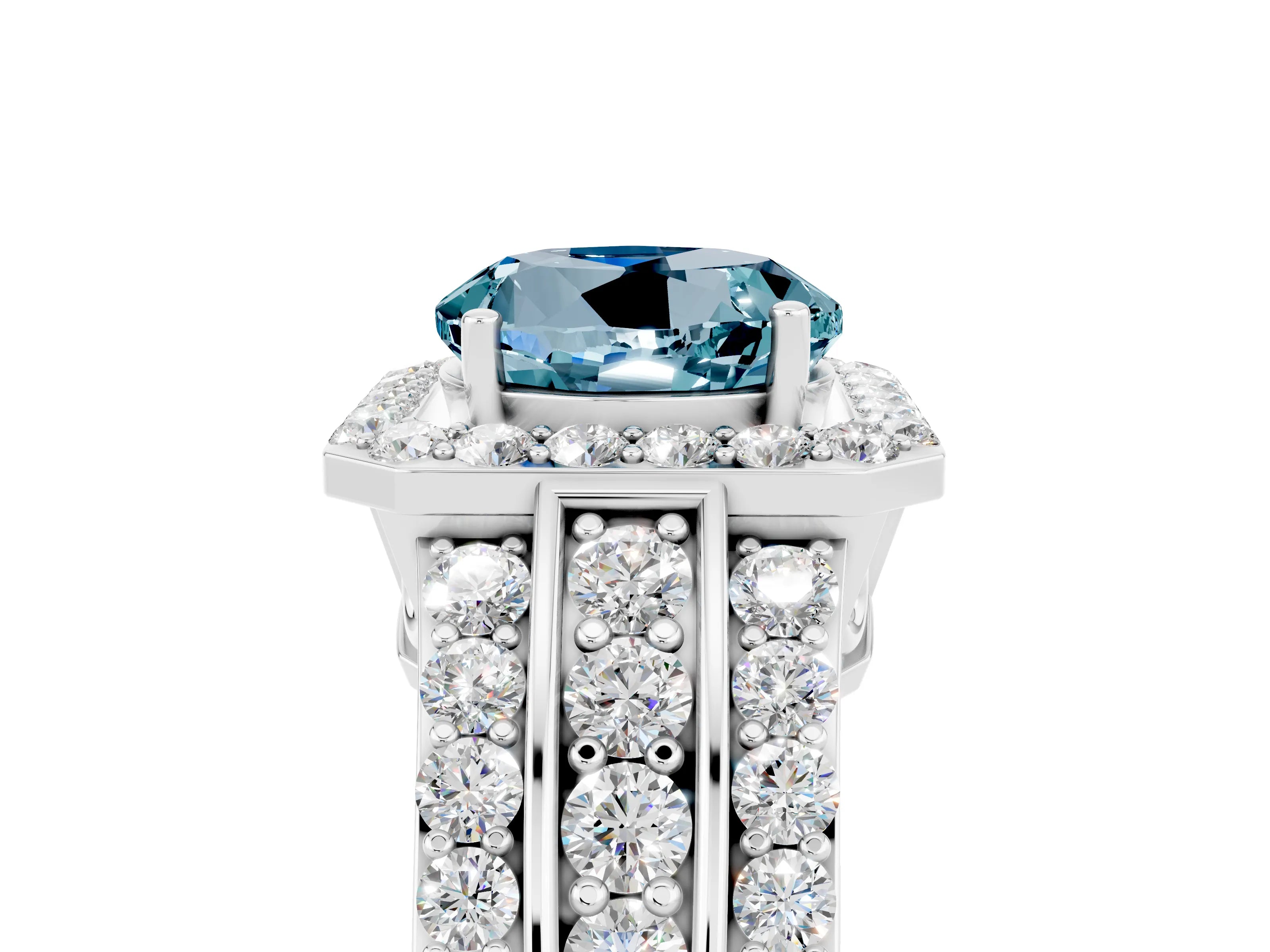 White gold Round Cut Halo Aquamarine Ring with Round  Split Shank and Prong Setting_17