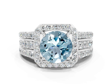 White gold Round Cut Halo Aquamarine Ring with Split Shank and Four-Prong Setting