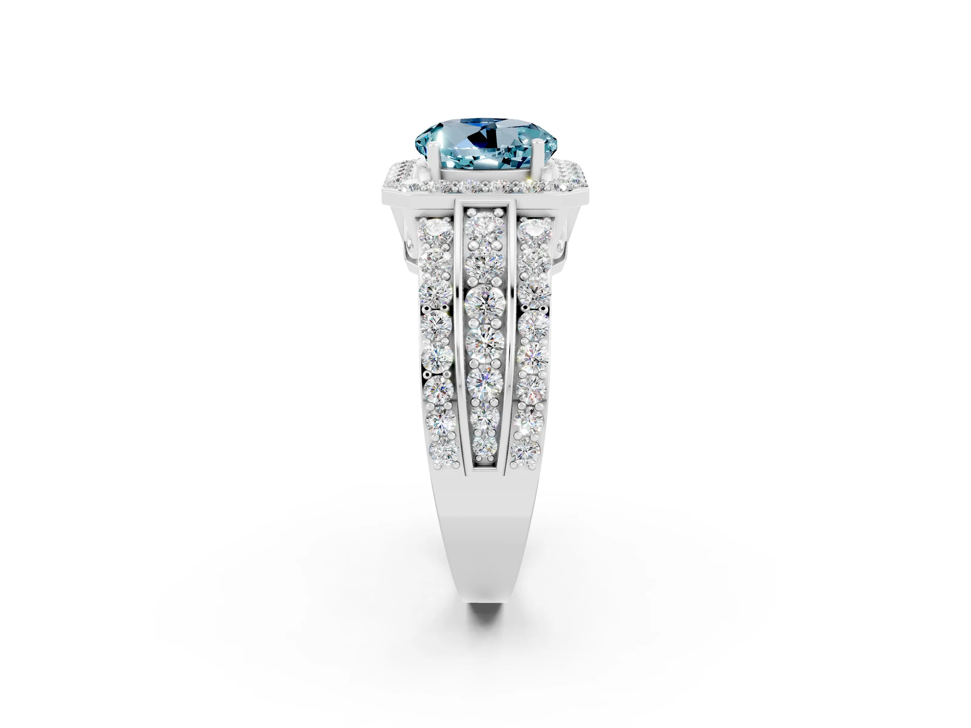 White gold Round Cut Halo Aquamarine Ring with Split Shank and Four-Prong Setting_2