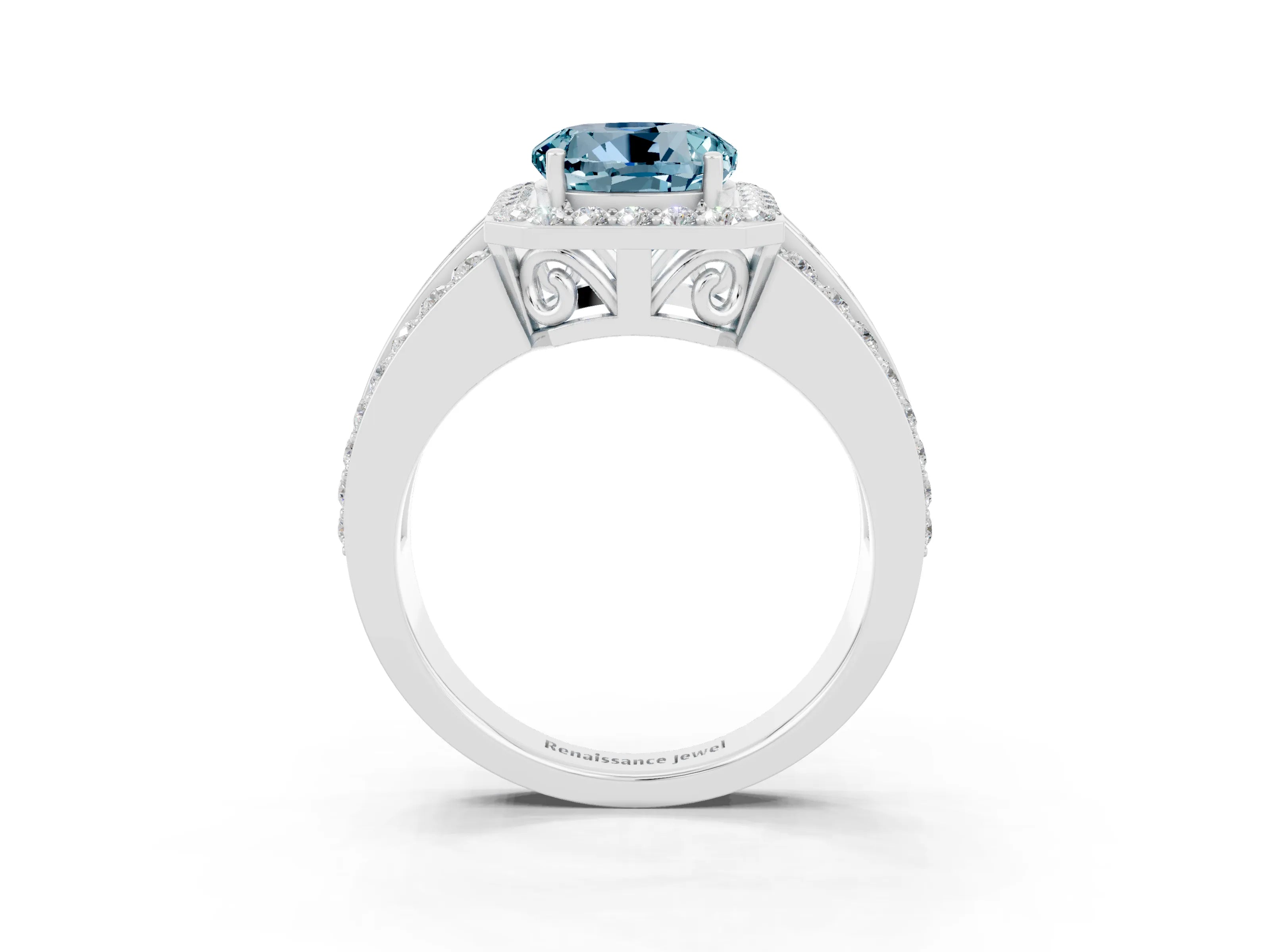 White gold Round Cut Halo Aquamarine Ring with Split Shank and Four-Prong Setting_3