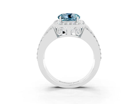 White gold Round Cut Halo Aquamarine Ring with Split Shank and Four-Prong Setting_3