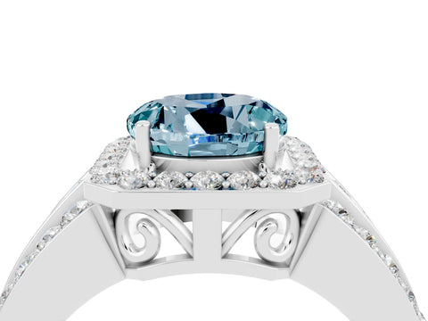 White gold Round Cut Halo Aquamarine Ring with Split Shank and Four-Prong Setting_4