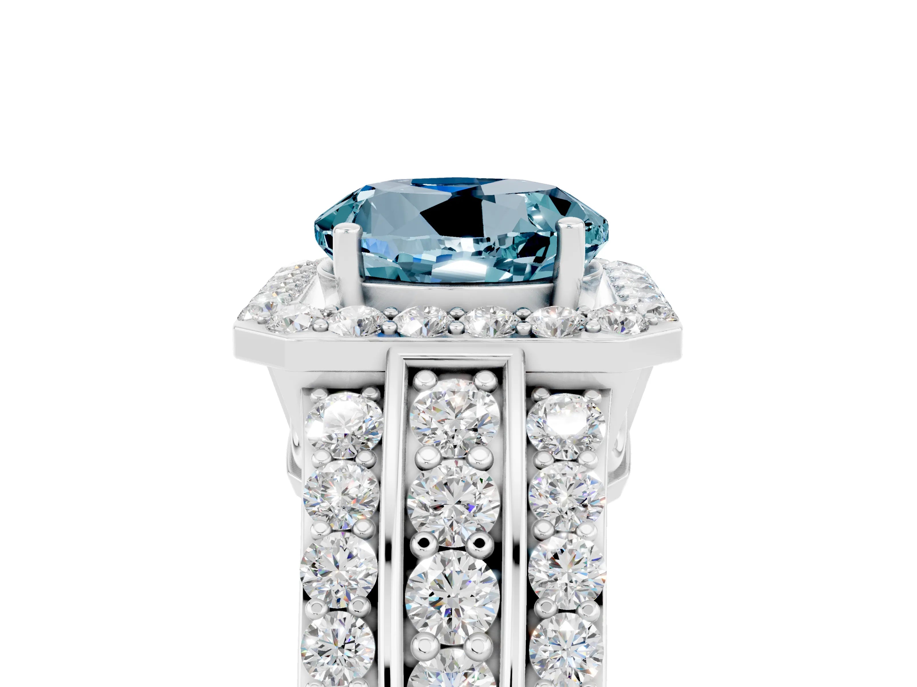 White gold Round Cut Halo Aquamarine Ring with Split Shank and Four-Prong Setting_5