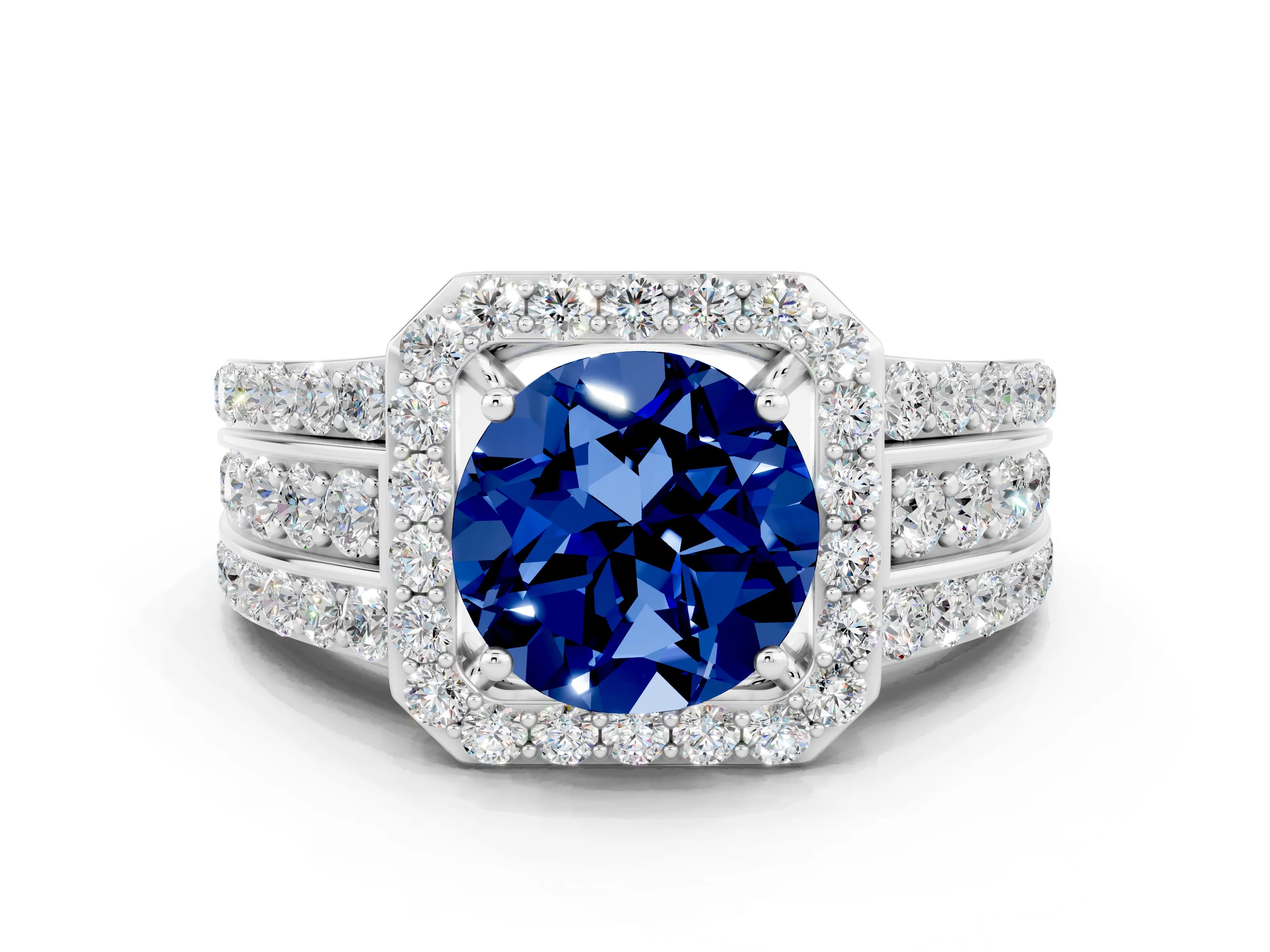 White gold Round Cut Halo Blue Sapphire Ring with Round  Split Shank and Prong Setting_12