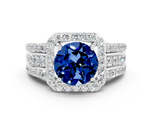 White gold Round Cut Halo Blue Sapphire Ring with Round  Split Shank and Prong Setting