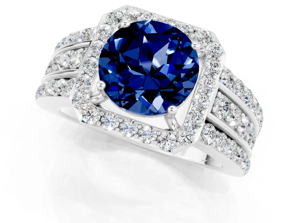 Platinum Round Cut Halo Blue Sapphire Ring with Round  Split Shank and Prong Setting