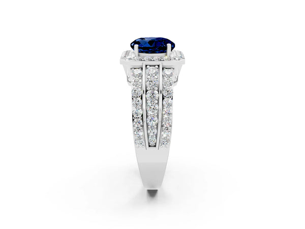 White gold Round Cut Halo Blue Sapphire Ring with Round  Split Shank and Prong Setting