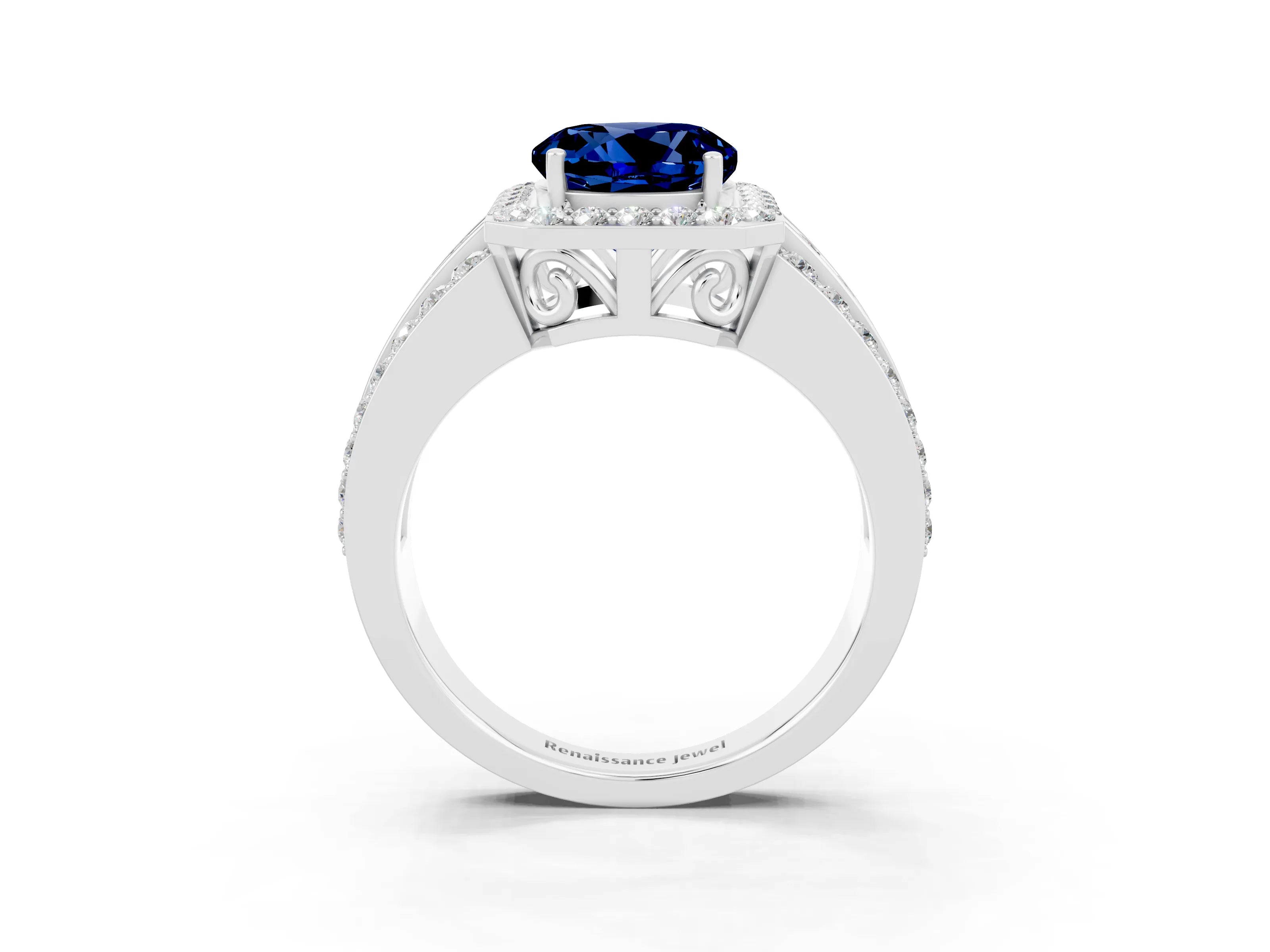 White gold Round Cut Halo Blue Sapphire Ring with Round  Split Shank and Prong Setting_15
