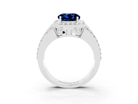 White gold Round Cut Halo Blue Sapphire Ring with Round  Split Shank and Prong Setting_15