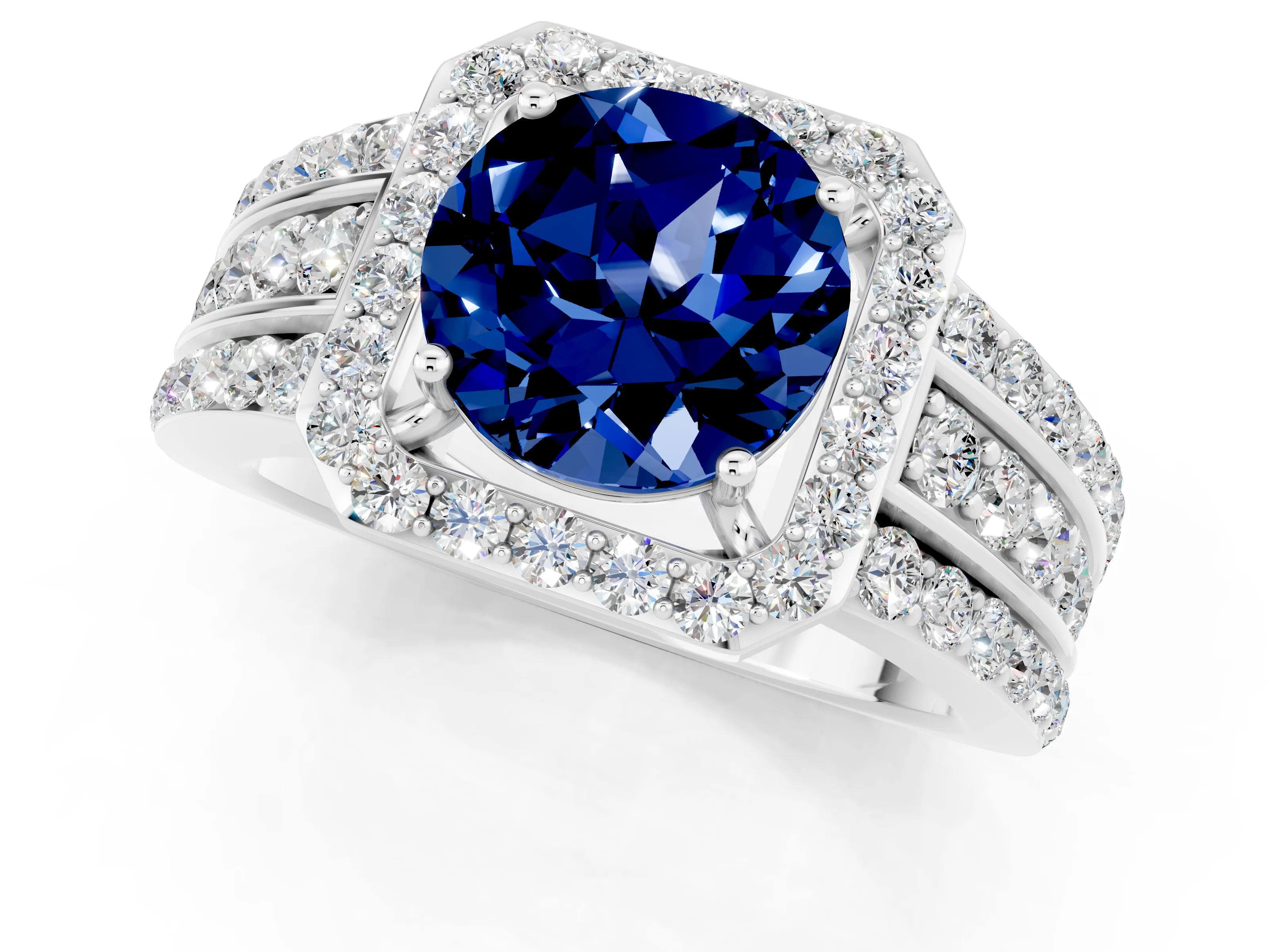 White gold Round Cut Halo Blue Sapphire Ring with Split Shank and Four-Prong Setting_1