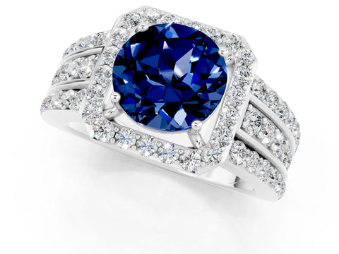White gold Round Cut Halo Blue Sapphire Ring with Split Shank and Four-Prong Setting_1