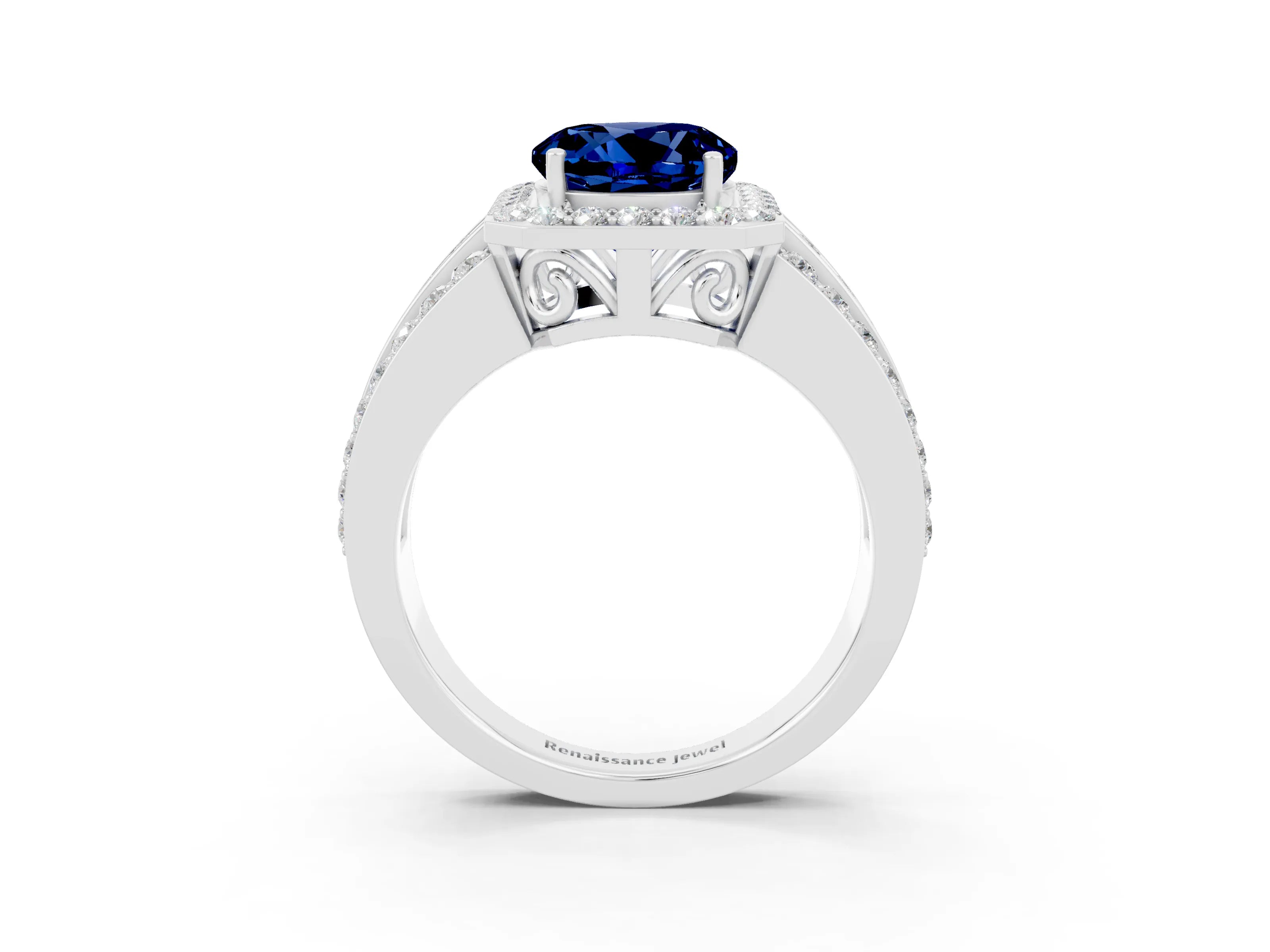 White gold Round Cut Halo Blue Sapphire Ring with Split Shank and Four-Prong Setting_3