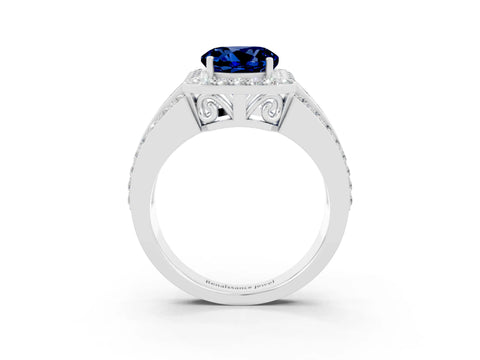 White gold Round Cut Halo Blue Sapphire Ring with Split Shank and Four-Prong Setting_3