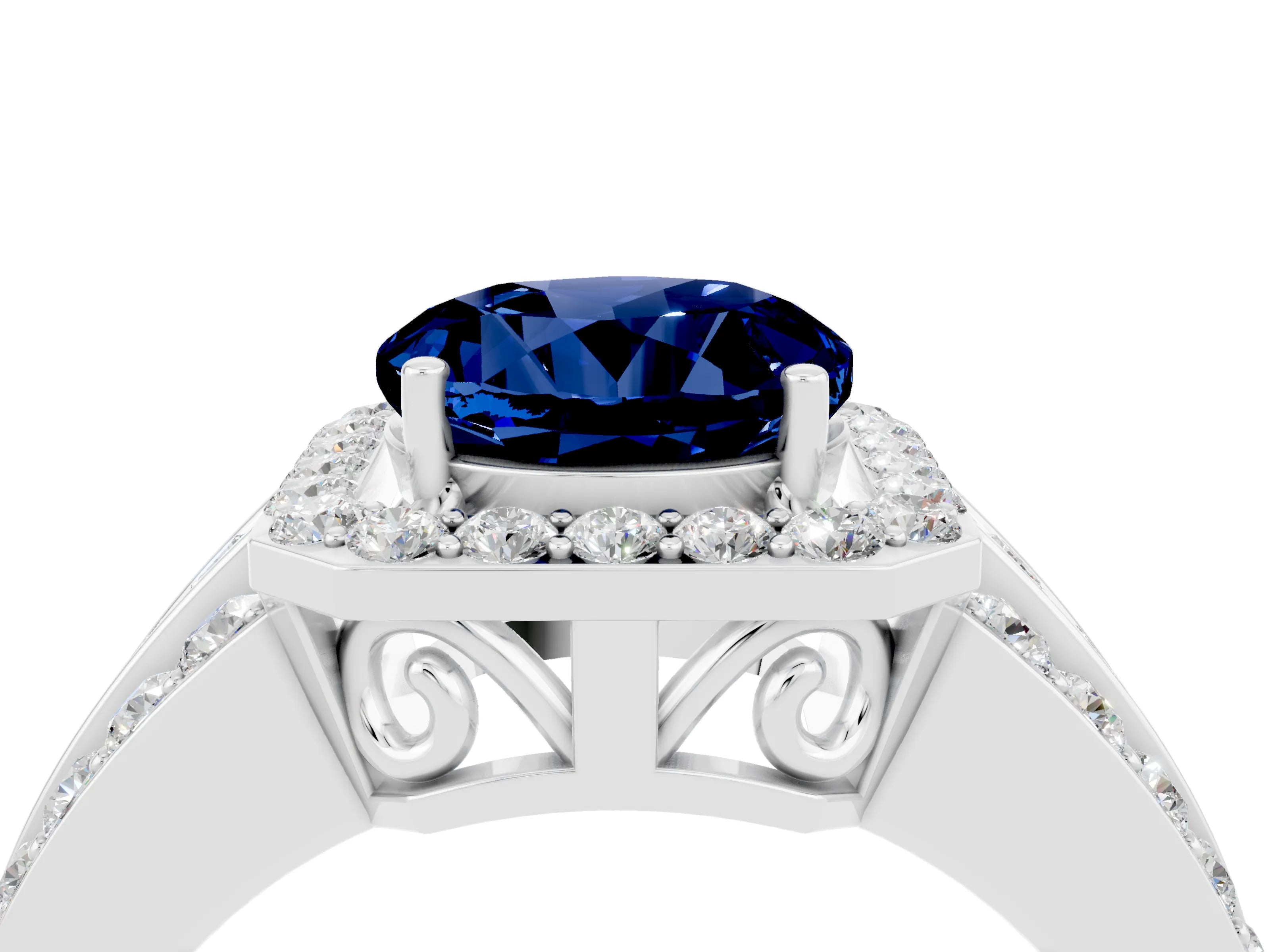 White gold Round Cut Halo Blue Sapphire Ring with Split Shank and Four-Prong Setting_4