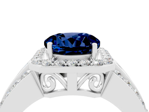 White gold Round Cut Halo Blue Sapphire Ring with Split Shank and Four-Prong Setting_4