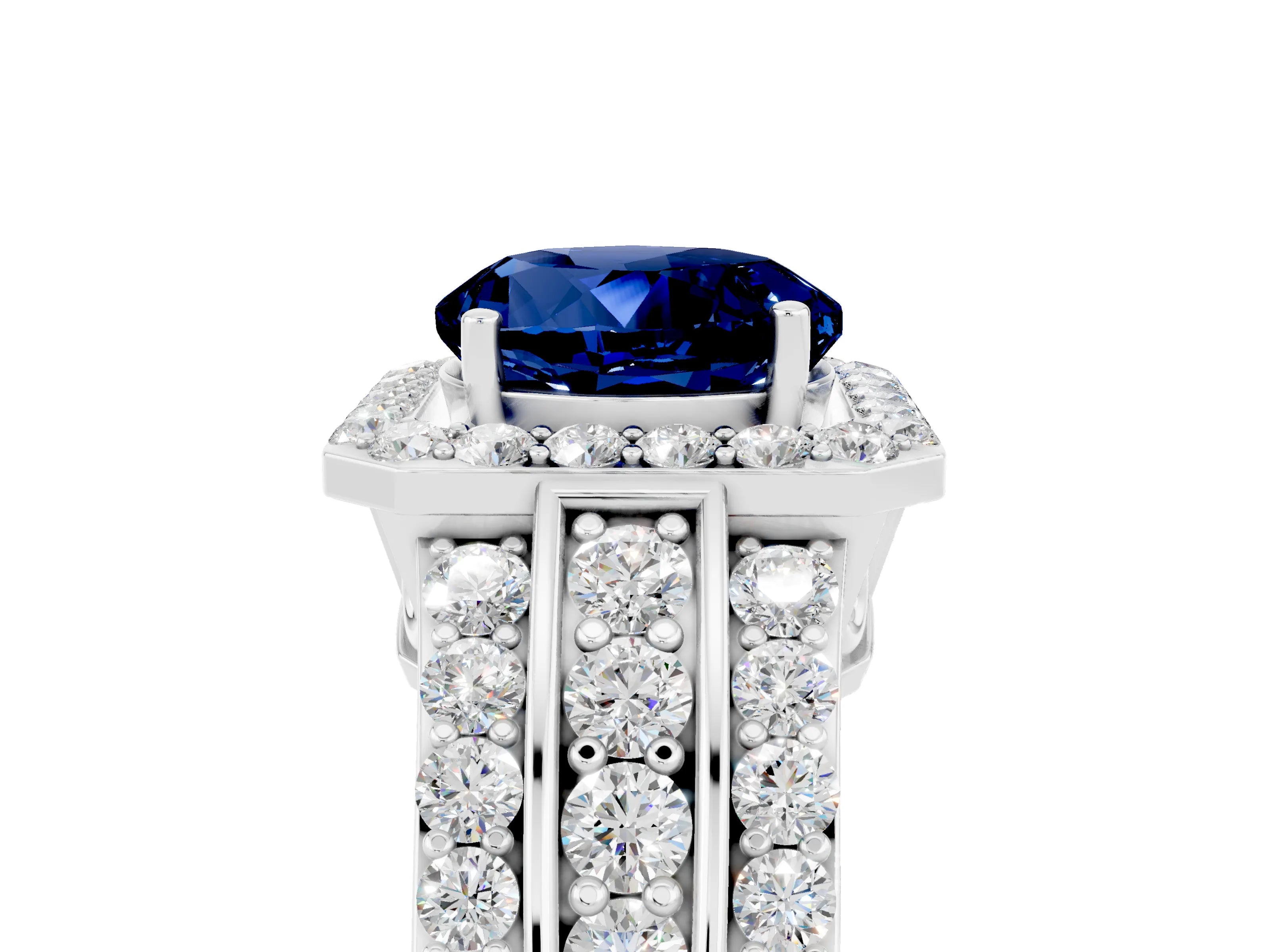 White gold Round Cut Halo Blue Sapphire Ring with Split Shank and Four-Prong Setting_5