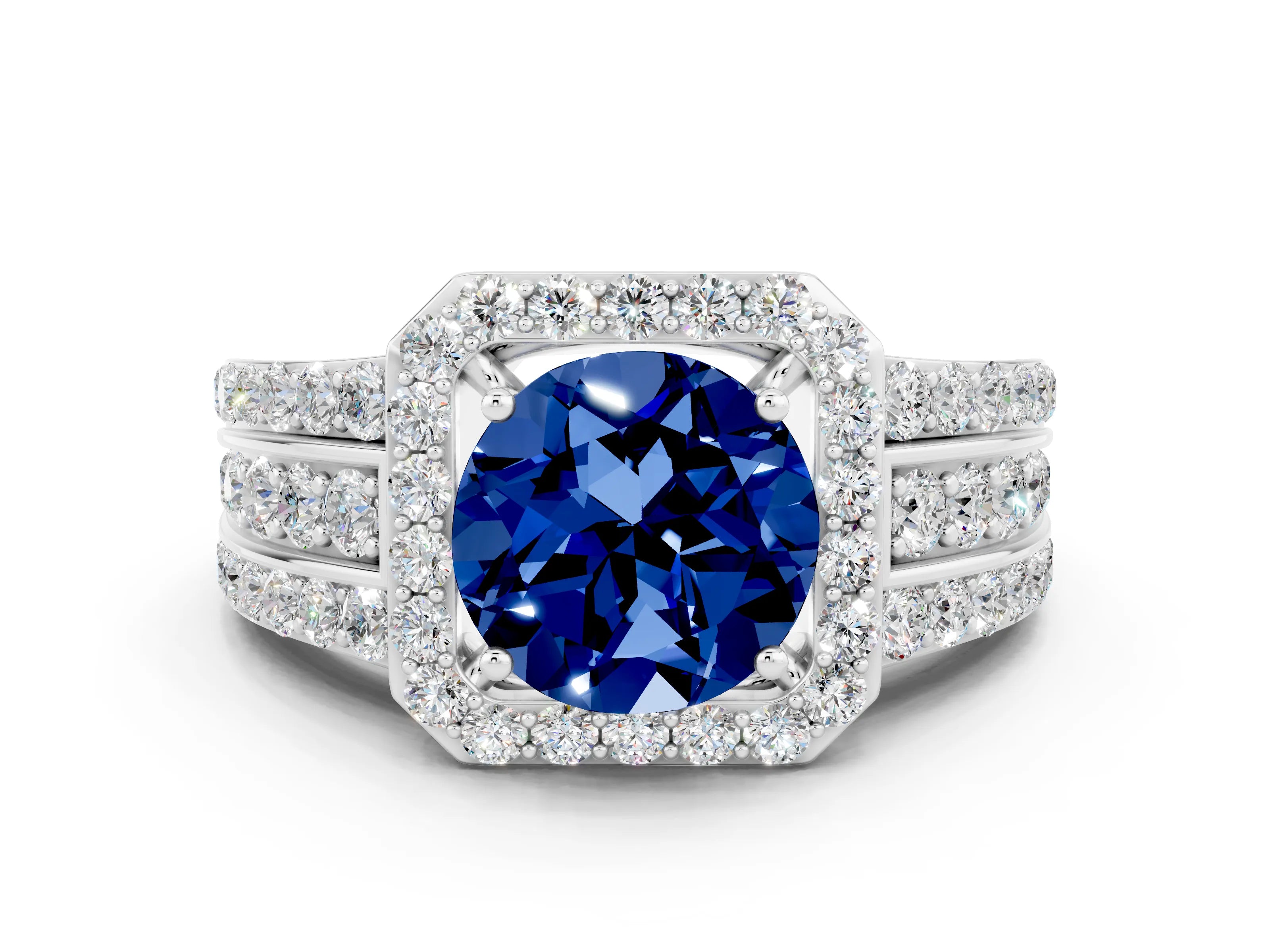 White gold Round Cut Halo Blue Sapphire Ring with Split Shank and Four-Prong Setting