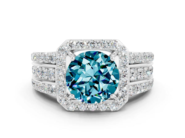 White gold Round Cut Halo Blue Topaz Ring with Round  Split Shank and Prong Setting