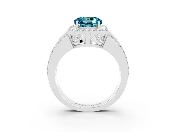 Silver Round Cut Halo Blue Topaz Ring with Round  Split Shank and Prong Setting