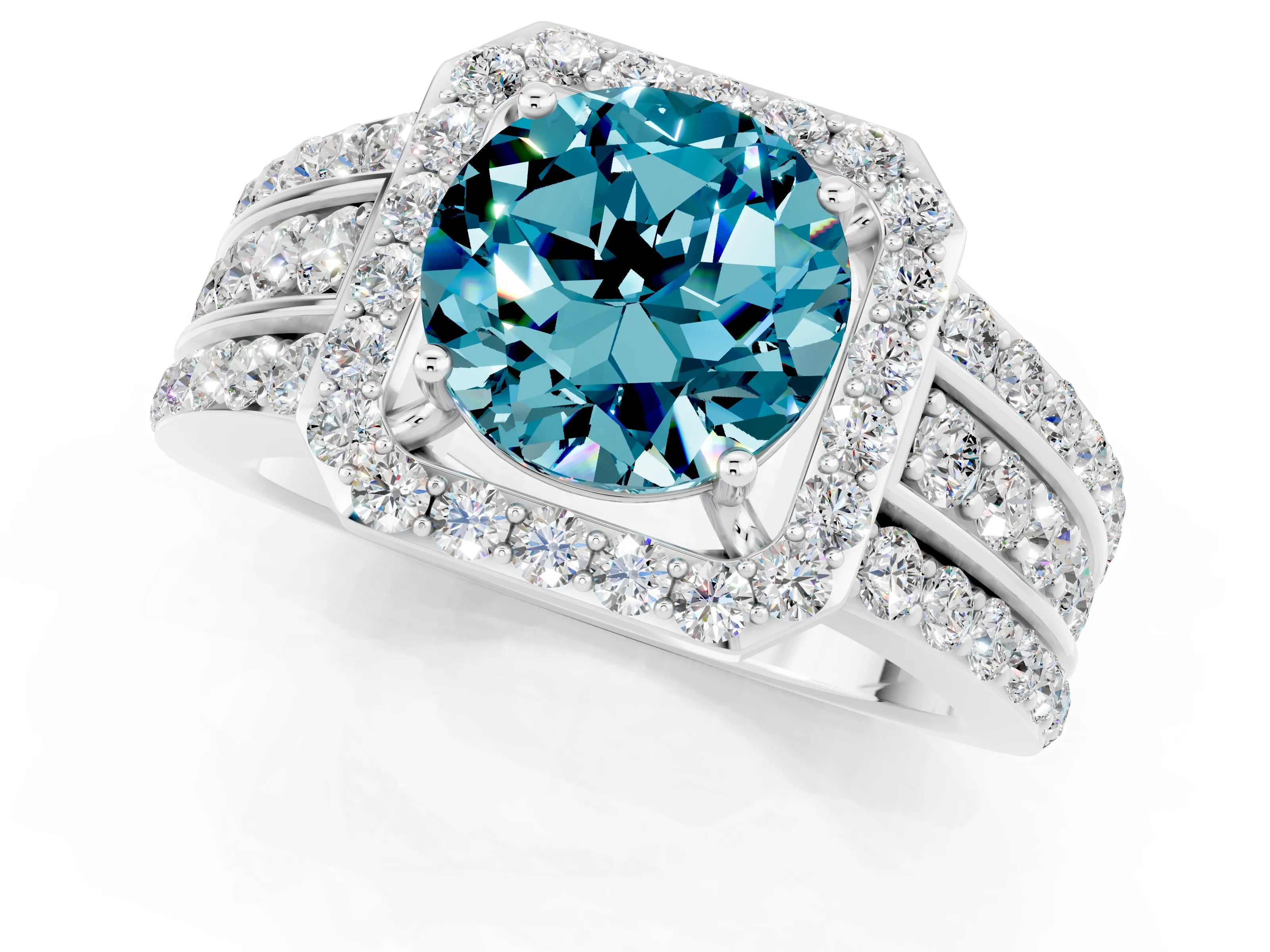 White gold Round Cut Halo Blue Topaz Ring with Split Shank and Four-Prong Setting_1