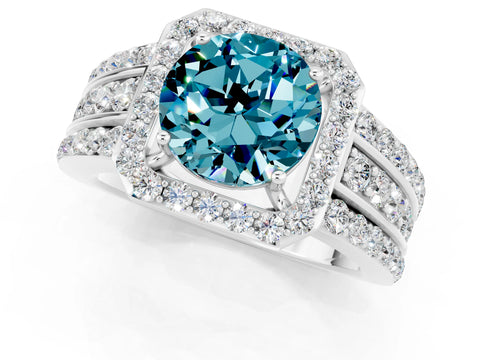 White gold Round Cut Halo Blue Topaz Ring with Split Shank and Four-Prong Setting_1