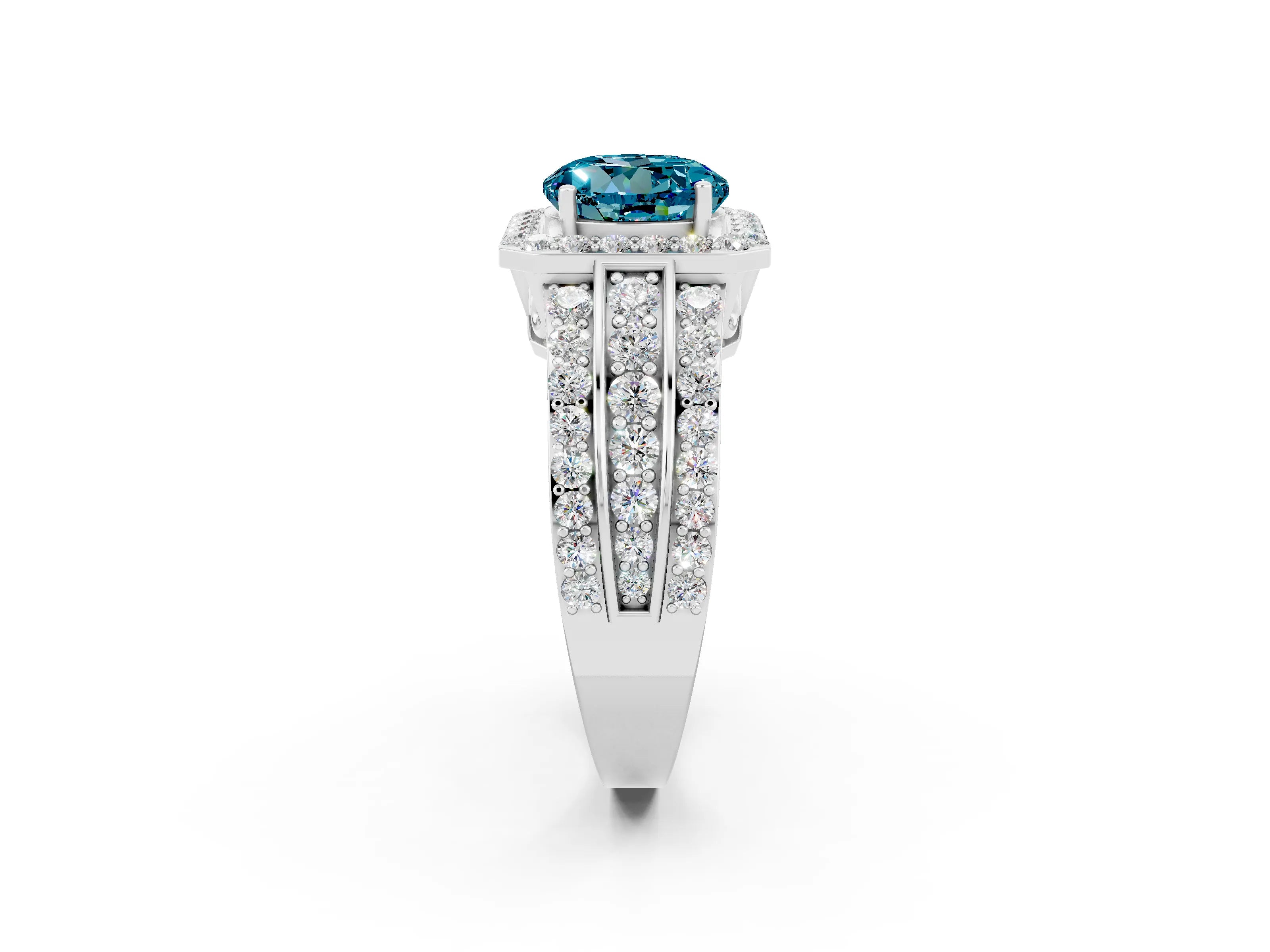 White gold Round Cut Halo Blue Topaz Ring with Split Shank and Four-Prong Setting_2