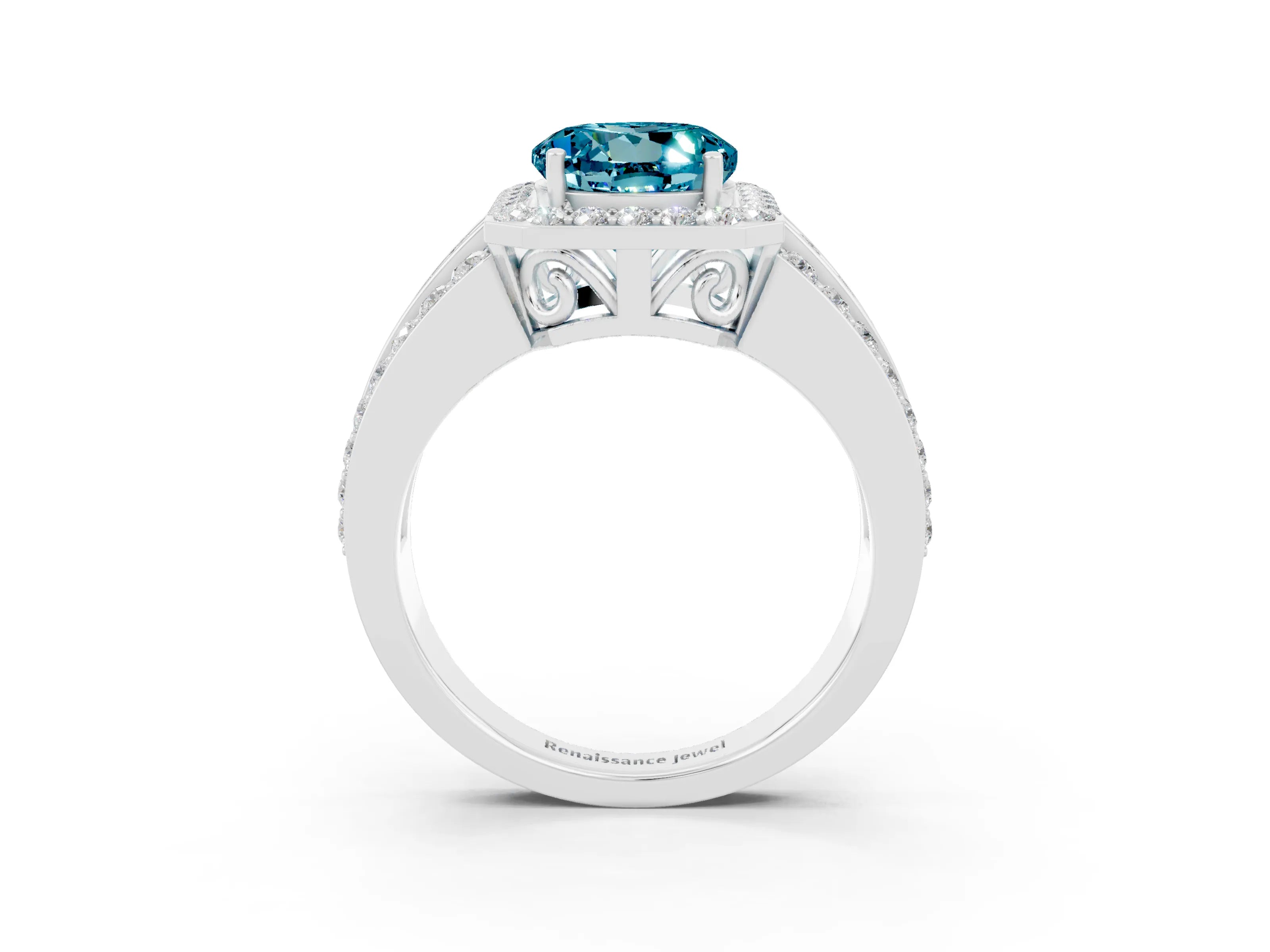 White gold Round Cut Halo Blue Topaz Ring with Split Shank and Four-Prong Setting_3
